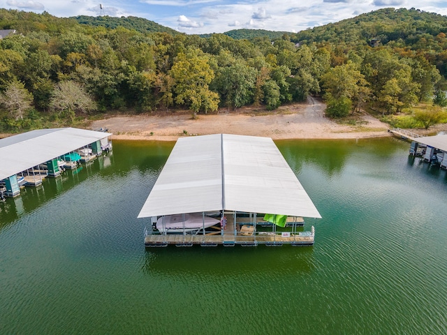 view of dock with boat lift, a view of trees, and a water view