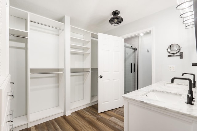 bathroom with a sink, a walk in closet, wood finished floors, and a shower stall