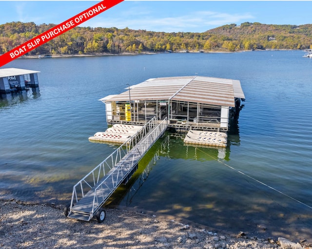 dock area featuring a water view, a view of trees, and boat lift