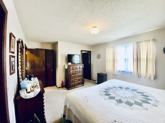 bedroom with a textured ceiling, a closet, and carpet floors