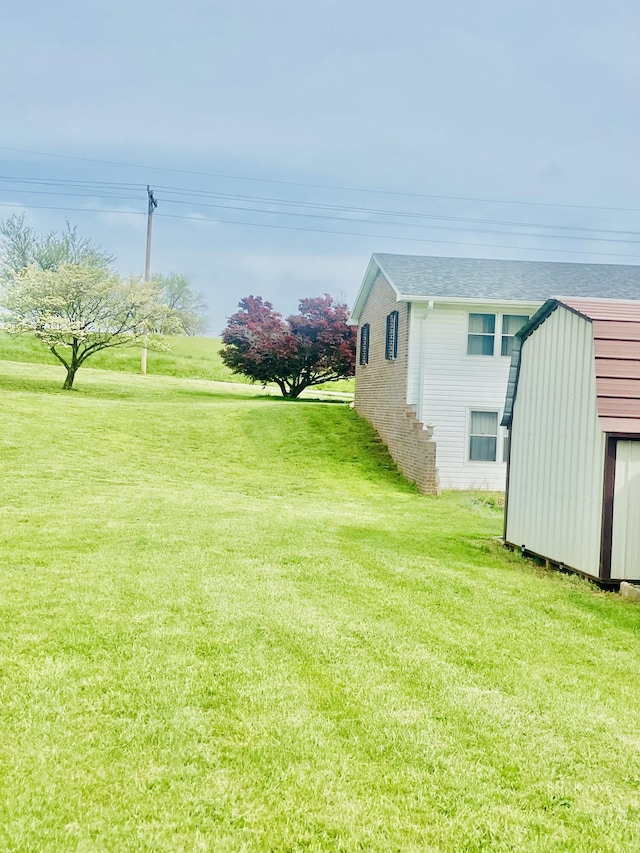 view of yard featuring a storage shed and an outdoor structure