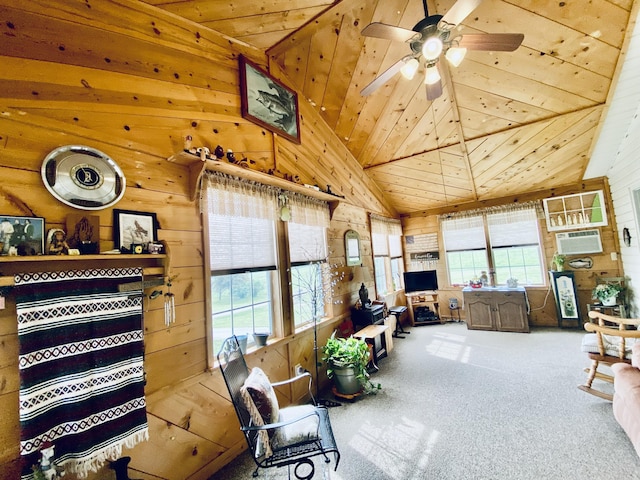 interior space featuring wood ceiling, vaulted ceiling, wood walls, a wall mounted air conditioner, and a ceiling fan