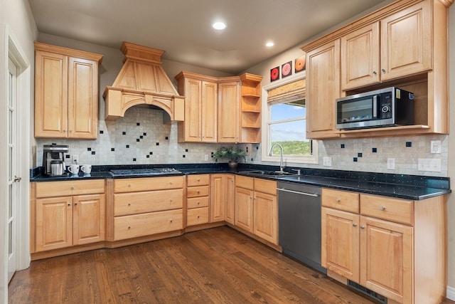46 Wild Rose Ln, Lampe, MO 65681 - kitchen featuring recessed lighting, a sink, light brown cabinetry, premium range hood, and appliances with stainless steel finishes