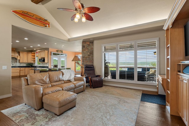 46 Wild Rose Ln, Lampe, MO 65681 - living room featuring a wealth of natural light, a ceiling fan, dark wood-style flooring, and vaulted ceiling