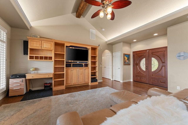 46 Wild Rose Ln, Lampe, MO 65681 - living room with a ceiling fan, arched walkways, visible vents, and dark wood-style flooring