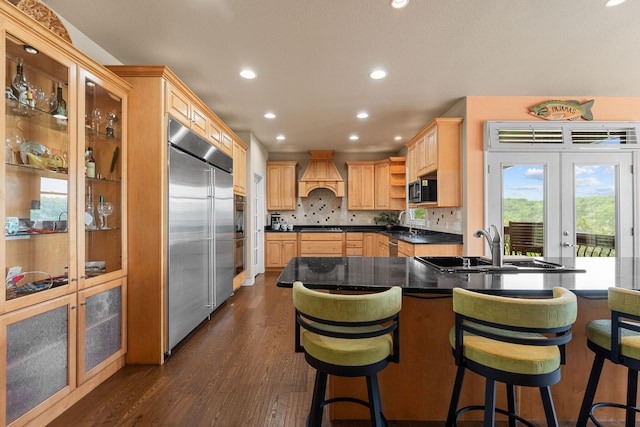 46 Wild Rose Ln, Lampe, MO 65681 - kitchen featuring premium range hood, french doors, stainless steel appliances, and light brown cabinets