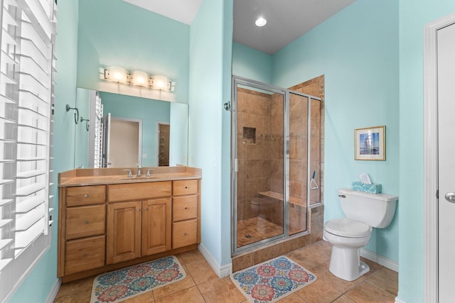 46 Wild Rose Ln, Lampe, MO 65681 - bathroom featuring toilet, a shower stall, vanity, and baseboards