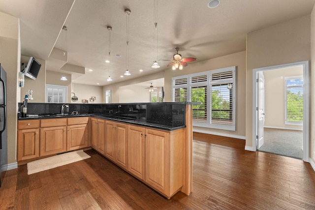 46 Wild Rose Ln, Lampe, MO 65681 - kitchen featuring pendant lighting, a sink, ceiling fan, dark wood-style flooring, and a peninsula