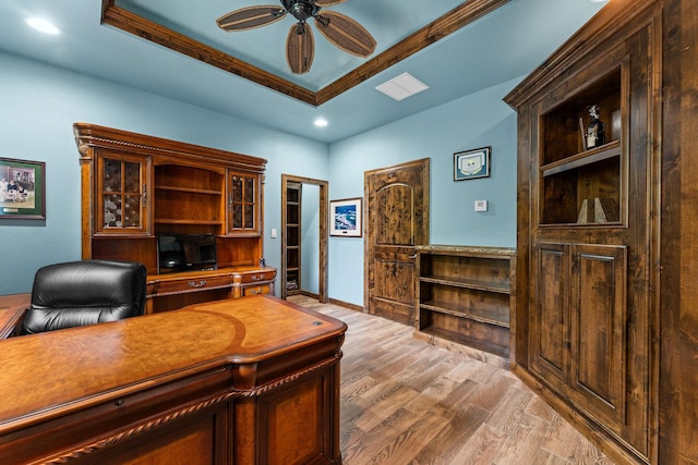 46 Wild Rose Ln, Lampe, MO 65681 - home office featuring recessed lighting, ceiling fan, light wood finished floors, and a tray ceiling
