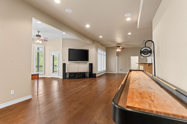 46 Wild Rose Ln, Lampe, MO 65681 - playroom featuring wood finished floors, a ceiling fan, recessed lighting, and baseboards
