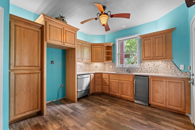 46 Wild Rose Ln, Lampe, MO 65681 - kitchen featuring a sink, open shelves, backsplash, light countertops, and dishwasher