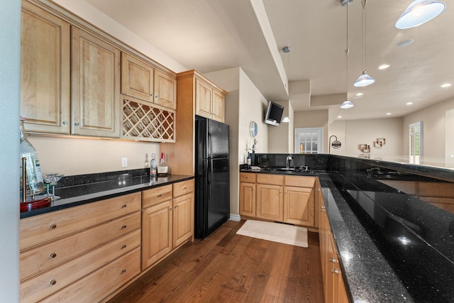 46 Wild Rose Ln, Lampe, MO 65681 - kitchen featuring dark stone counters, a sink, dark wood-style flooring, hanging light fixtures, and freestanding refrigerator