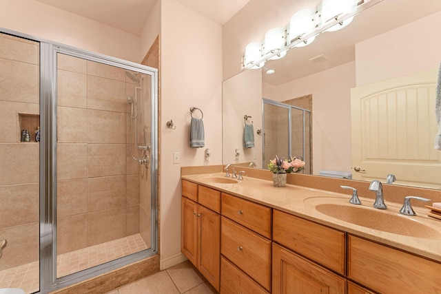 46 Wild Rose Ln, Lampe, MO 65681 - bathroom featuring tile patterned flooring, a sink, a shower stall, and double vanity