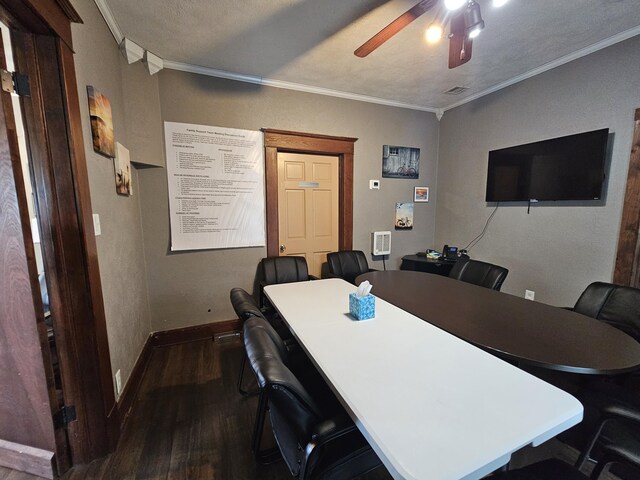 office with ornamental molding, dark wood-style floors, ceiling fan, and baseboards