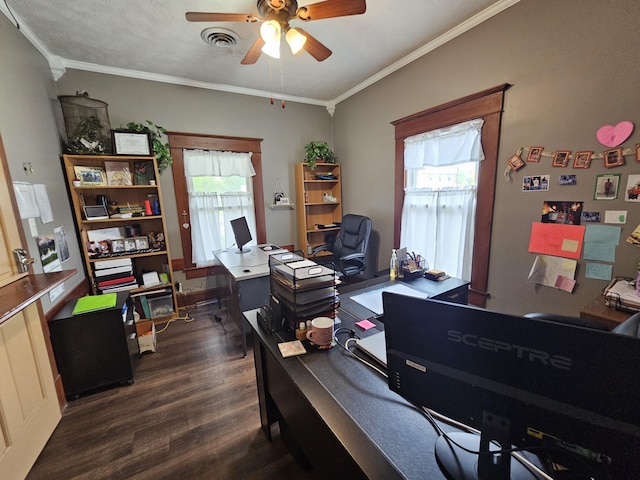 office area with dark wood finished floors, ceiling fan, crown molding, and plenty of natural light