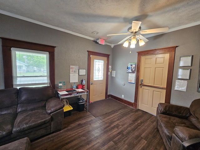 living area featuring a textured ceiling, crown molding, and dark wood finished floors