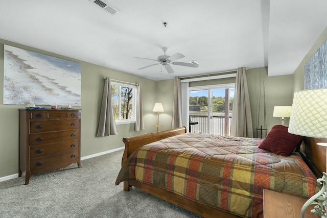 bedroom with carpet, visible vents, access to exterior, and baseboards