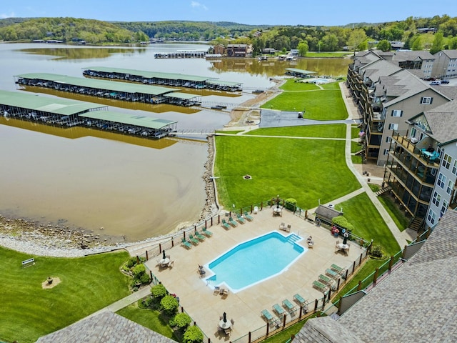 drone / aerial view featuring a water view