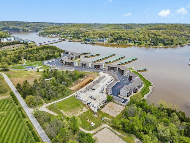 drone / aerial view with a water view and a view of trees