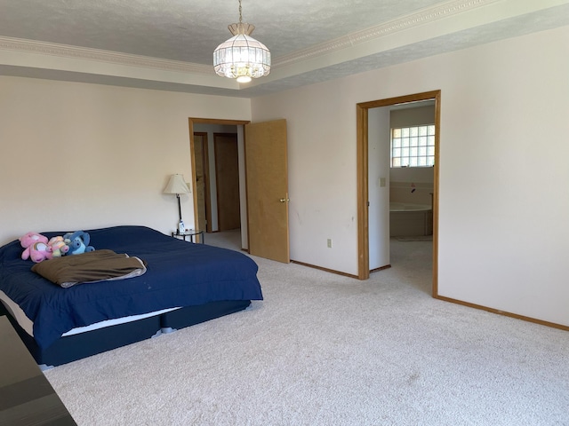 bedroom featuring baseboards, a notable chandelier, carpet floors, and crown molding
