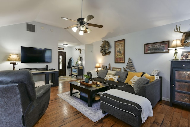 301 Oakview Dr, Ridgedale, MO 65739 - living area with lofted ceiling, visible vents, ceiling fan, and wood-type flooring