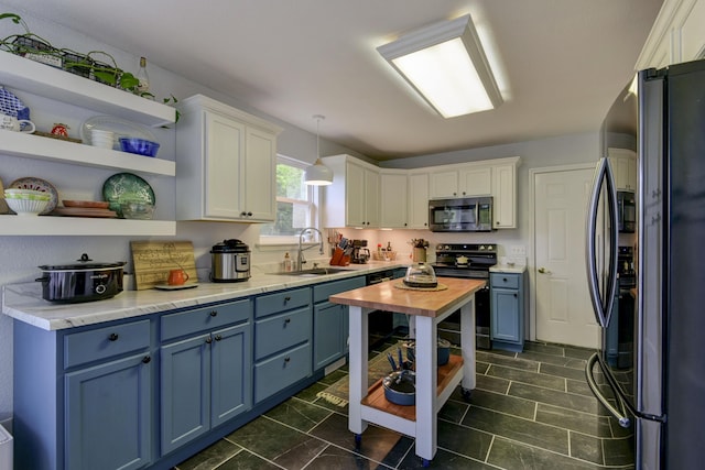 301 Oakview Dr, Ridgedale, MO 65739 - kitchen featuring blue cabinets, open shelves, appliances with stainless steel finishes, white cabinets, and a sink