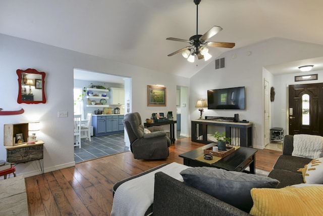 301 Oakview Dr, Ridgedale, MO 65739 - living area featuring a healthy amount of sunlight, hardwood / wood-style flooring, vaulted ceiling, ceiling fan, and visible vents