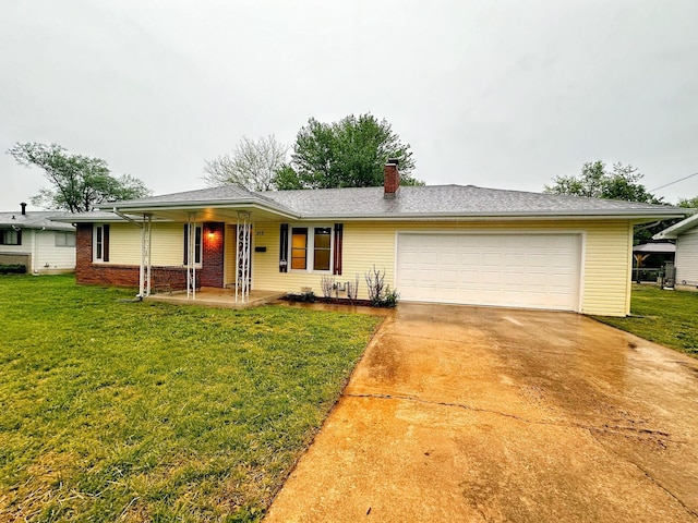 ranch-style house featuring concrete driveway, a front lawn, an attached garage, and a chimney