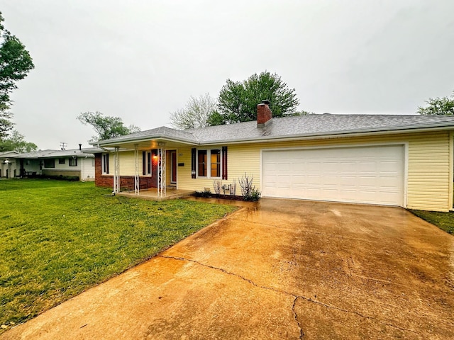 single story home with a chimney, covered porch, a garage, driveway, and a front lawn