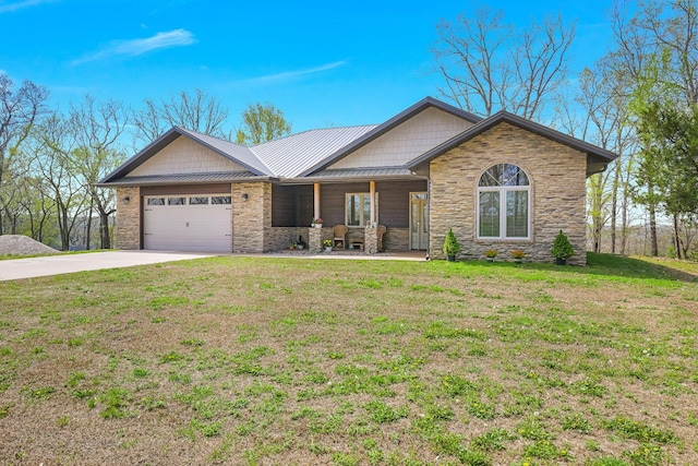 ranch-style home with concrete driveway, stone siding, covered porch, a front yard, and an attached garage