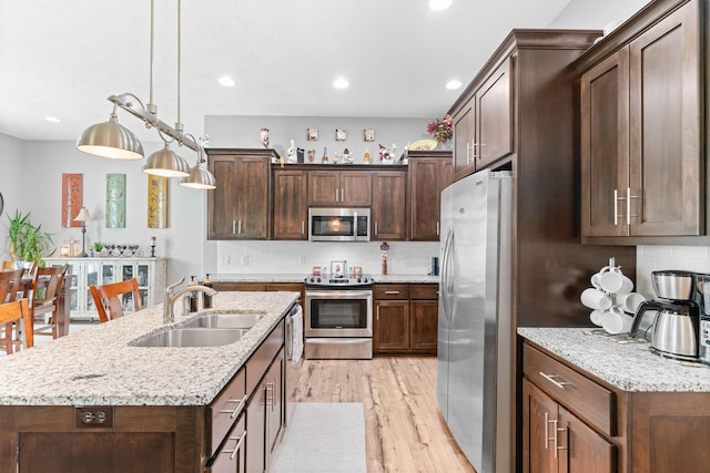 kitchen featuring a sink, stainless steel appliances, decorative backsplash, light wood-style flooring, and hanging light fixtures