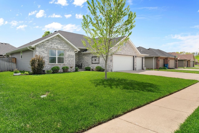 ranch-style house with concrete driveway, a front lawn, an attached garage, and brick siding