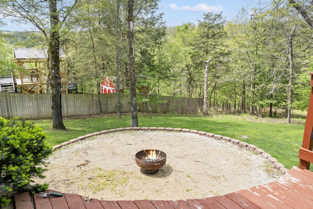 exterior space featuring an outdoor fire pit and fence private yard
