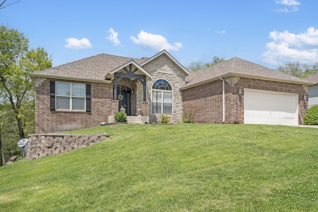 single story home featuring brick siding, a front lawn, a shingled roof, and an attached garage