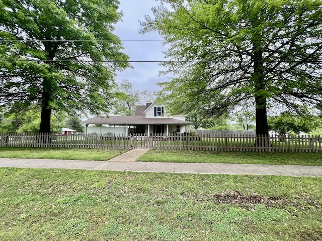 view of front facade featuring a chimney and a front yard