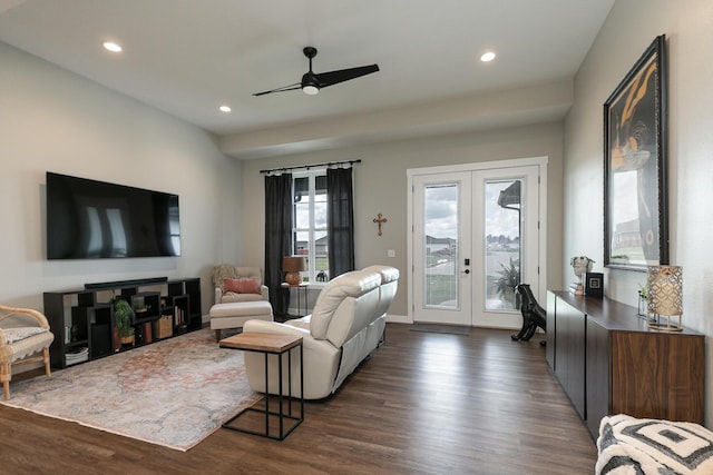 2460 S Durango Dr, Bolivar, MO 65613 - living area with dark wood-type flooring, french doors, ceiling fan, and recessed lighting