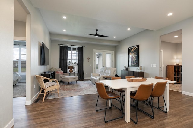2460 S Durango Dr, Bolivar, MO 65613 - dining space featuring dark wood-style floors, recessed lighting, a ceiling fan, and baseboards