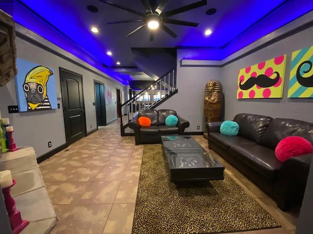 48 King Cir, Branson, MO 65616 - cinema with baseboards, a raised ceiling, and ceiling fan