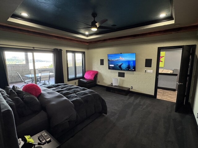 48 King Cir, Branson, MO 65616 - carpeted bedroom with crown molding, a raised ceiling, a textured wall, baseboards, and access to outside