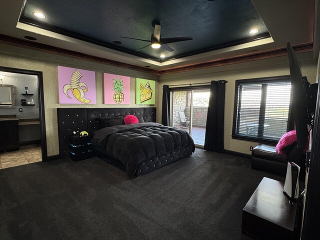 48 King Cir, Branson, MO 65616 - carpeted bedroom with a raised ceiling, baseboards, ornamental molding, ensuite bath, and access to outside