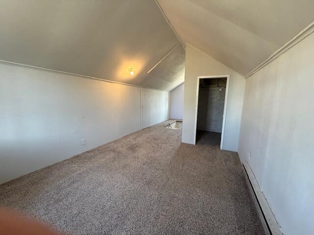additional living space with baseboard heating, vaulted ceiling, and carpet