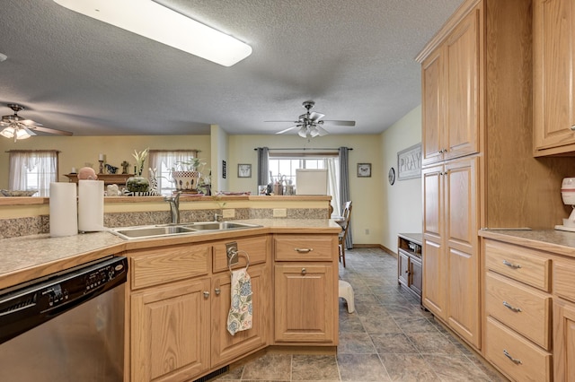 kitchen featuring a healthy amount of sunlight, a ceiling fan, dishwasher, and a sink