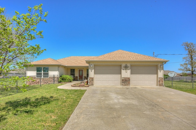 ranch-style home featuring a front lawn, a garage, driveway, stone siding, and fence