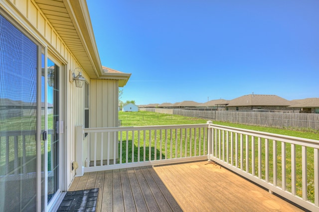 wooden deck with a lawn and a fenced backyard