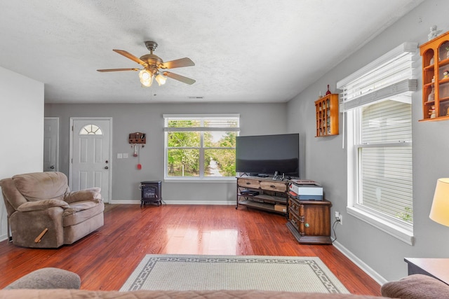 317 Hickory St, Merriam Woods, MO 65740 - living area with baseboards, a wood stove, wood finished floors, and a ceiling fan