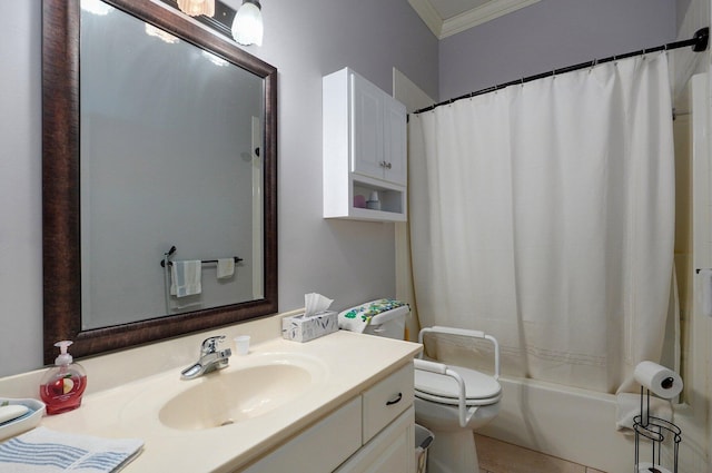 bathroom featuring toilet, shower / bath combination with curtain, vanity, and crown molding