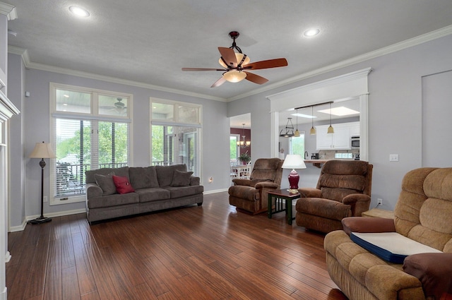 living room with ceiling fan, baseboards, dark wood-style flooring, recessed lighting, and ornamental molding