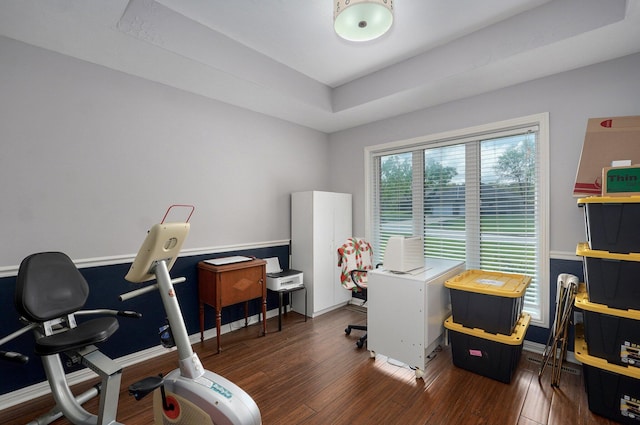 office with wood finished floors, a tray ceiling, and baseboards