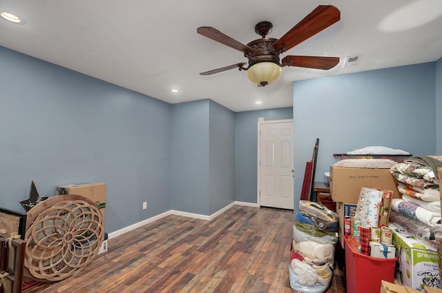 misc room with recessed lighting, wood finished floors, ceiling fan, baseboards, and visible vents