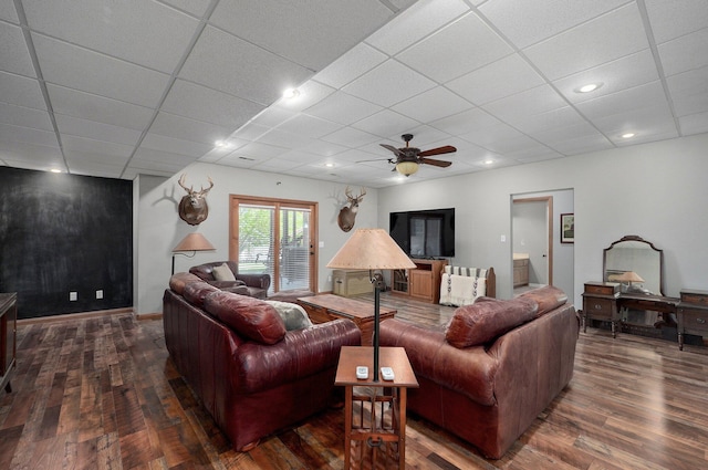 living room featuring recessed lighting, a paneled ceiling, ceiling fan, and hardwood / wood-style flooring